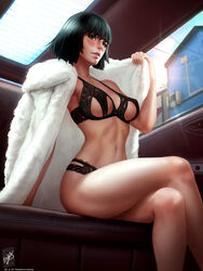 1girls areola_slip areolae black_bra black_panties bra breasts cleavage crossed_legs curvy erect_nipples female female_only fubuki_(one-punch_man) fur_coat green_eyes green_hair highres large_breasts limousine lingerie midriff nipple_bulge nipples one-punch_man panties short_hair themaestronoob underwear