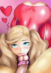 ann_takamaki ball_grab ball_lick blonde_hair blush fanibani licking persona persona_5