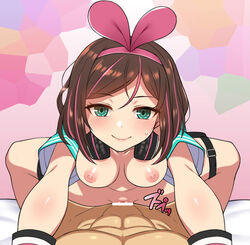 1boy 1girls a.i._channel aqua_eyes bar_censor breasts brown_hair censored clothed_sex cowgirl_position cropped_jacket hairband headphones kizuna_ai looking_at_viewer lowres lying multicolored_hair nipples nt00 on_back outstretched_arms penis pink_hair pov pussy sex short_hair short_sleeves smile spread_legs straddling two-tone_hair vaginal_penetration virtual_youtuber