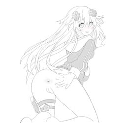 adult_neptune ass ass_grab big_ass biting_lip blush butt_focus gaping_anus hair_ornament hairclip long_hair looking_at_viewer looking_back neptunia_(series) no_panties on_knees partially_clothed pussy santystuff seductive_look sketch spread_ass