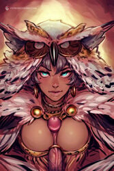 1boy 1girls aqua_eyes bbc-chan big_breasts big_penis black_hair blue_eyes breasts cleavage clothed clothing dark-skinned_female dark_skin duo earrings elphie erection eye_contact eyelashes female highres hoop_earrings jewelry large_breasts large_penis lips looking_at_viewer male male_pov mask mole mole_under_eye o-ring o-ring_penetration o-ring_top overhit owl_costume paizuri patreon patreon_username penis perpendicular_paizuri pov shaman simple_background solo_focus straight text tribal uncensored vein veins veiny_penis watermark