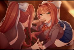 1girls artist_name ass brown_hair dildo doki_doki_literature_club fellatio female female_only female_pervert green_eyes hair hair_ornament looking_at_viewer merunyaa mirror monika_(doki_doki_literature_club) on_all_fours oral panties ponytail reflection skirt solo teasing white_panties