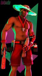 1boy 3d abs alternate_costume bara big_penis blizzard_entertainment clothed cole_cassidy lifeguard_cassidy looking_at_viewer male male_only overwatch pants_open penis_grab penis_out penis_through_fly testicles tetesin