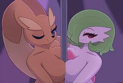 2girls anthro anthrofied between_breasts big_breasts big_ears big_eyes blue_eyes blush breast_frottage breasts brown_fur cleavage eye_contact eyelashes female female_only gardevoir green_hair hair_over_one_eye half-closed_eyes lagomorph large_breasts long_ears looking_at_viewer lopunny nintendo nude pink_eyes pinkcappachino pokemon pokemon_(species) pokemon_dppt pokemon_rse pole purple_background short_hair sideboob smile stripper_pole topless white_skin wink