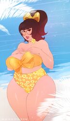 1girls artist_name big_breasts bikini breasts brown_hair clothing female female_only glasses hair kokobuttz mei_(overwatch) overwatch solo thick_thighs thighs video_games watermark wide_hips