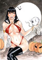 1girls 2018 arm_band bangs bat bats belly_button big_breasts black_hair black_thighhighs blue_eyes bracelet bracelets breasts busty cemetery color curvaceous curvy dynamite_comics ed_benes_studio erect_nipples erect_nipples_under_clothes eyebrows_behind_hair eyeshadow female female_only full_moon grave graveyard halloween hand_on_ground headstone highleg highleg_thong holding_object holding_skull human_skull junior_maia large_breasts lipstick long_hair makeup mascara midriff moon navel night nipple_bulge nipples outside panties pinup pumpkin pumpkin_patch pumpkins red_bikini red_bikini_bottom red_bikini_top red_lips red_lipstick red_panties red_sling_bikini red_thong signature sitting skull sky sling_bikini solo star starry_sky stars stomach thick_thighs thighhighs thighs thong vampire vampirella vampirella_(character) voluptuous