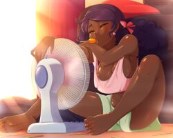 1girls areolae barefoot bonbon_(weirdolibido) breasts cleavage dark-skinned_female dark_skin electric_fan fan feet female female_only merunyaa solo spread_legs toes twintails