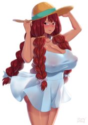 1girls 2019 areolae big_breasts blush breasts cleavage dated dress fairy_tail female female_only huge_breasts irene_belserion large_breasts nipples red_hair red_hair_female solo text watermark zheng