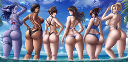 6girls alternate_costume amelie_lacroix angela_ziegler ass back back_view backside beach big_ass big_breasts big_butt big_hips big_thighs bikini black_hair blizzard_entertainment blonde_hair breasts brown_hair butt cote_d'azur_widowmaker curvy d.va dark-skinned_female dark_hair dark_skin fareeha_amari female female_only flowerxl glasses hana_song huge_ass huge_butt huge_hips large_ass large_butt large_hips large_thighs lena_oxton long_hair looking_at_viewer looking_back mei_(overwatch) mercy multiple_girls ocean one-piece_swimsuit overwatch pharah purple_hair purple_skin standing swimsuit take_your_pick thick thick_thighs thighs tracer water wide_hips widowmaker