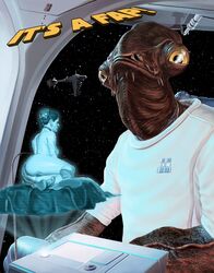 1boy admiral_ackbar alien ambiguous_gender ass back background bald boots braid clothed clothed_male clothing clothing_aside collar detailed_background dialogue english_text footwear french_braid fully_clothed hair hologram human humor indoors interspecies loincloth loincloth_aside long_hair looking_at_another male masturbation mc80a_star_cruiser meme mon_calamari neckwear nerdyrotica nipples partially_clothed pornographic_hologram princess_leia_organa return_of_the_jedi science_fiction self_upload shirt shoes shouting sideboob signature slave_leia space spaceship star_wars text topless topless_female watching watching_porn white_clothing window