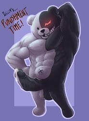 2021 abs anthro balls big_muscles black_balls black_body black_eyes black_glans black_nose black_penis bodily_fluids civvil danganronpa english_text erection genetic_chimerism genital_fluids genitals glans glowing glowing_eyes grin hand_behind_head hi_res humanoid_genitalia humanoid_penis male male_only mammal monokuma multicolored_balls multicolored_body multicolored_glans multicolored_penis muscular muscular_anthro muscular_male navel nude outie_navel pecs penis precum red_eyes simple_background smile smooth_skin solo solo_male standing teeth text two_tone_body ursid vein veiny_penis white_balls white_body white_glans white_penis