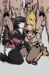 2boys 2girls 4boys breasts clothed clothed_female_nude_male defeated female gangbang hair_grab hair_pulling huge_cock huge_penis imminent_rape imminent_sex jlullaby male mother_and_daughter multiple_boys multiple_girls nude penis penis_awe penis_grab ponytail_hold pubic_hair rape raven_branwen red_eyes rooster_teeth rwby sketch straight surrounded_by_penises yang_xiao_long