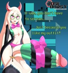 2_horns absurd_res accessory animal_humanoid ball_bra balls big_balls big_bow big_ears big_glasses big_penis black_clothing black_suit black_tie_(suit) bovid bovid_humanoid bow_accessory bow_ribbon caprine caprine_humanoid clothed clothing cock_warmer darkner delta_rune_(emblem) deltarune dialogue eyewear fangs femboy floppy_ears fur genitals glasses goat_humanoid green_clothing green_text hair hi_res horn huge_balls huge_cock humanoid humanoid_genitalia humanoid_penis hyper hyper_balls hyper_genitalia hyper_penis looking_at_viewer male male_humanoid mammal mammal_humanoid nipple_slip nipples open_mouth open_smile partially_clothed partially_clothed_humanoid partially_clothed_male penis penis_accessory penis_bow penis_clothing penis_ribbon pink_bow pink_clothing pink_eyes ralsei ribbon_around_penis ribbon_on_penis ribbons roseburst_(artist) round_glasses signature smile solo suit symbol talking_to_another teeth text thick_thighs undertale undertale_(series) white_body white_fur wide_hips