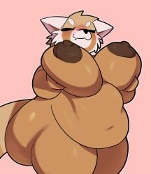 absurd_res aggretsuko ailurid anthro ass big_breasts big_butt blush breasts digital_media_(artwork) female hand_on_breast hi_res huge_breasts huge_butt mammal nipples overweight overweight_anthro overweight_female red_panda retsuko's_mother samirachuni sanrio simple_background smile solo