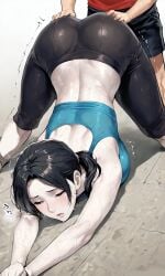 1boy 1girls ai ai_generated all_fours arched_back ass ass_grab ass_up back bangs bare_shoulders bent_over black_eyes black_hair black_pants blush breasts capri_pants closed_eyes closed_mouth clothing colored_skin doggy_style exercise female female female_only grey_eyes gym indoors jack-o'_challenge large_breasts leggings lips long_hair lying male nintendo pale_skin pants ponytail shirt shorts solo solo_focus spandex sports_bra sportswear steam steaming_body straight stretching sweat taken_from_behind tank_top thighs tight tight_pants top-down_bottom-up trembling underwear wet white_skin wii_fit wii_fit_trainer wooden_floor yoga_pants