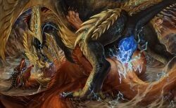 absurd_res anus bodily_fluids capcom cum duo erection female feral flying_wyvern genital_fluids genitals hi_res horn male male/female monster_hunter nude penetration penis rey_dau scales scalie sex vulva wings yellow_body zenvist