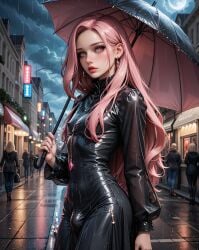 black_dress femboy futanari lacrinar pink_eyes pink_hair rain umbrella wet