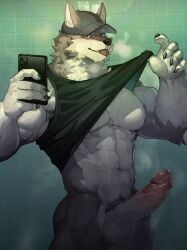 anthro barazoku big_muscles biped bodily_fluids canid canine canis clothing erection genitals glans hat headgear headwear hi_res humanoid_genitalia humanoid_penis male mammal mirror_selfie muscular muscular_anthro muscular_male neumokun penis selfie solo sweat tongue tongue_out wolf