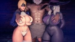 1boy 2girls 3d 3d_(artwork) big_breasts duchess_(nightreign) elden_ring_nightreign eternus266_artist grabbing_breasts recluse_(nightreign) thick_thighs venus_body viking
