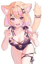 ahoge animal_ear_fluff animal_ears bangs bare_shoulders blush breasts cat_ears cat_girl cat_tail claw_pose cleavage collarbone diagonal_stripes fangs female hair_ornament hairclip large_breasts long_hair looking_at_viewer low_twintails multicolored_hair oerba_yun_fang open_mouth pink_hair ribbon smile solo squchan_(vtuber) striped swimsuit tail twintails vyugen x_hair_ornament