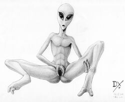 1girls 2019 2_toes 3_fingers absurd_res alien alien_girl alien_only anus ass barefoot black_eyes classic_alien clitoris dekxer digitigrade empty_eyes feet female fingers graphite_(artwork) hand_on_thigh hi_res humanoid long_neck looking_at_viewer monochrome noseless nude pencil_(artwork) presenting presenting_pussy pussy simple_background solo spread_legs spread_pussy spreading toes traditional_media_(artwork)