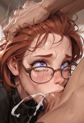 1boy1girl ai_generated blowjob blowjob_face blush close-up cum darkeffect duo eyes_open fellatio freckles freckles_on_face glasses hand_on_head light-skinned_female light-skinned_male light_skin looking_at_partner looking_up oral oral_sex orange_hair saliva tear tearing_up tears