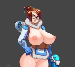 big_breasts blizzard_entertainment breasts brown_hair chelodoy chubby curvy female glasses hair mei_(overwatch) nipples overwatch pussy thick thick_thighs