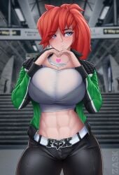 big_breasts blue_eyes burstfire bursting_breasts busty cleavage heart heart_hands horny_female hourglass_figure huge_breasts innuendo open_sweater overflowing_breasts ponytail red_hair red_hair tomboy top_heavy vaki_velho zaskart