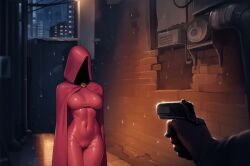 1girls athletic athletic_female big_breasts cape city city_background cityscape covered_face female game_cg gun hero hood hoodup hooligapps lustcase mask night pussy_peek raining red_clothing skinny skintight skintight_bodysuit tight_clothing v2.lustcase weapon