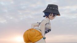 1girls 3d alternate_costume animated artist_request ass_focus ass_shake belle_(zenless_zone_zero) big_ass blender blender_eevee blue_hair bucket_hat female female_focus female_only hat hoyoverse jiggling_ass light-skinned_female light_skin looking_at_viewer looking_back no_sound official_alternate_costume one_eye_closed orange_shorts see-through see-through_clothing shaking_ass shaking_butt short_hair shorts sunset swimwear thick_ass turquoise_eyes twerk twerking twintails video white_shirt zenless_zone_zero