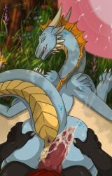 after_orgasm after_vaginal anus blue_body blue_eyes blue_scales claws darkforestt dirty.paws dragon duo female feral genitals grass hi_res horn impregnation male male/female membrane_(anatomy) membranous_wings mythological_creature mythological_scalie mythology penis pink_anus pink_penis pink_tongue pink_vulva plant scales scalie teeth tongue tongue_out ventral_scales white_claws white_horn wings yellow_body yellow_scales
