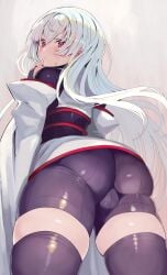 :o armor ass_focus cameltoe finger_on_chin from_behind from_below kimono large_ass long_hair looking_back red_eyes sleeves_past_wrists spats sweatdrop thick_thighs thighhighs trefoil white_hair wide_hips