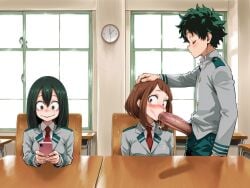 1boy 2girls ai_generated big_penis blush brown_hair distracted drooling fellatio female green_hair hand_on_head huge_cock izuku_midoriya large_penis long_hair looking_at_phone male my_hero_academia ochako_uraraka phone school_uniform short_hair sitting table tsuyu_asui wide_eyed window