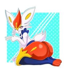 1boy anthro ass background big_ass big_butt bunny cinderace ear femboy fire_type fur furry kneeling looking_back make male male_only peace_sign pokemon pokemon_(species) rabbit v_sign video_games