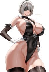 absurdres black_blindfold black_gloves black_leotard black_necktie black_thighhighs blindfold breasts elbow_gloves eve_(stellar_blade) facing_viewer female gloves grey_hair hands_on_own_hips highleg highleg_leotard highres huge_breasts igiroitsu leotard necktie nier:automata nier_(series) short_hair sideboob smile solo stellar_blade thighhighs thighs twitter_username white_background white_gloves yorha_2b yorha_2b_(cosplay) yorha_unofficial_ceremonial_attire_(stellar_blade)