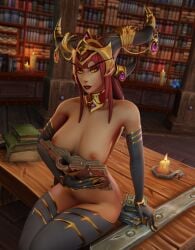 1girls 3d alexstrasza barbell_piercing big_breasts blizzard_entertainment book female_only horns light-skinned_female light_skin mrtaxman nipple_piercing nude ouch_meme pinup red_hair solo thick_thighs thighhighs voluptuous voluptuous_female warcraft wide_hips world_of_warcraft