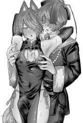 2boys alternate_costume animal_ears armpit_crease armpit_fetish armpits arms_up blush bulge china_dress chinese_clothes cleavage_cutout crossdressing dual_persona elbow_gloves femboy gay gegege_no_kitarou gloves hair_over_one_eye jiangshi jiangshi_costume kemonomimi kitarou male male_only monochrome nipple_bulge ofuda pelvic_curtain selfcest short_hair side-tie_panties sweat tail twink tyamesi_daze wide_hips yaoi