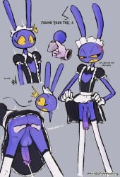 absurd_res anthro anus ass balls bodily_fluids buttplug canid canine clothed clothing digital_media_(artwork) english_text erection female fur genital_fluids genitals glitch_productions gloves hand_on_butt handwear hi_res humanoid jax_(tadc) lagomorph leporid maid_uniform male mammal notsafeforwanking penetration penis plug_(sex_toy) presenting purple_body rabbit sex_toy simple_background smile solo spread_anus spread_butt spreading teeth text the_amazing_digital_circus uniform
