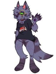 collar furry fursona glasses green_eyes grey_fur horns lapfox_trax oc pierced_ears pierced_lip pierced_nose piercings pussy red_collar scar scar_across_eye self_harm_scars self_insert selfharm_scars septum_piercing sharp_teeth shirt shirt_on snakebite_piercing transgender transmasc