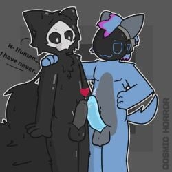 1:1 anthro big_penis bitz_(cosmic_horror) bodily_fluids changed_(video_game) cosmic_horror_(artist) duo frottage genitals hand_on_shoulder heart_symbol humanoid latex machine male male/male nervous penile penis penises_touching protogen puro_(changed) sex slightly_chubby sweat visor