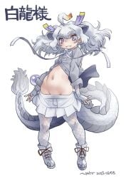 1girls :3 ahoge animal_ears arms_at_sides bangs blush boots breasts buttons closed_mouth clothes_pull clothing cross-laced_footwear dragon_girl dragon_horns dragon_tail extra_ears fang_out fangs fangs_out female fingerless_gloves footwear gloves grey_eyes grey_hair grey_shirt groin horns jacket kemono_friends legwear long_hair long_sleeves looking_at_viewer microskirt midriff monster_girl multicolored_hair navel neck_ribbon nyororiso_(muyaa) oerba_yun_fang pantyhose pleated_skirt purple_eyes ribbon shirt shoes skirt skirt_pull slit_pupils smile solo standing stomach tail thick_eyebrows twintails white_hair white_skirt yellow_horns