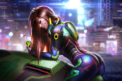 1girls advertising alternate_costume asian ass blizzard_entertainment bodysuit bottle breasts brown_hair d.va face_paint female fictional_product green_liquid hi_res highres liang_xing long_hair nano_d.va overwatch product_placement thick_ass video_games