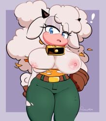 ! 1girls animal_ears animal_nose anthro areolae bell belt blue_eyes blush body_fur bottomwear bovid breasts breasts_out brown_gloves caprine clothing collar eyeshadow female fur furry furry_female gloves green_pants hair hand_on_hip hand_on_own_hip horns huge_breasts lanolin_the_sheep large_breasts long_hair looking_at_viewer makeup mammal neck_bell nipples no_bra open_mouth pants quavernsfw sheep sheep_ears sheep_girl snout solo sonic_(series) sonic_the_hedgehog_(idw) sonic_the_hedgehog_(series) standing tail thick_thighs thighs topless torn_clothes white_fur white_hair wide_hips