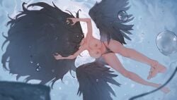 asphyxiation big_breasts black_eyes black_hair blue_archive breasts corpse death drowned drowning empty_eyes female female_only hasumi_(blue_archive) huge_breasts navel nipples rou_(rou22) solo solo_female topless underwater wings