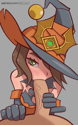 1boy 1girls alternate_costume bare_shoulders bedroom_eyes bewitching_evie blush breasts brown_hair clothed_female_nude_male detached_sleeves dress elbow_gloves erection evie_(paladins) eye_contact faceless_male fellatio gloves green_eyes grey_background hair_over_one_eye half-closed_eyes hat highres large_breasts large_penis long_gloves looking_at_viewer male_pov one_eye_covered oral oral_sex orange_shirt paladins patreon_username penis penis_grab pinky_out pov pov_eye_contact shirt short_hair simple_background solo_focus strapless strapless_dress stuffted veiny_penis white_skin witch_hat