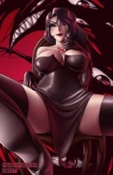 bare_shoulders black_dress black_gloves black_hair black_legwear breasts chest_tattoo cleavage dress elbow_gloves female gloves high_heels large_breasts lipstick long_hair looking_at_viewer makeup red_hair sitting smile solo spread_legs tattoo thick_thighs thighhighs thighs
