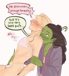 2girls arm_grab black_hair blonde_hair blush bra breasts closed_eyes color curly_hair dialogue elphaba english_text fanon_couple female_pubic_hair finger_fuck fingering fingering_from_behind fingering_partner foreplay freckles freckles_on_chest freckles_on_face full-face_blush fully_clothed glinda goatedsaminator green_eyes green_fingernails hair_bun half-closed_eyes hand_in_another's_panties hand_on_another's_arm imminent_sex lace-trimmed_bra lace-trimmed_panties lace_trim lipstick long_hair long_nails looking_at_partner looking_pleasured mischievous_smile moaning panties partially_clothed pink_bra pink_lipstick pink_panties pointy_ears pubic_hair pubic_hair_peek pussy_juice pussy_juice_drip pussy_juice_stain robe romantic romantic_couple sitting smile speech_bubble standing teasing the_wizard_of_oz tied_hair underwear_only wet_panties white_background wholesome wicked yuri