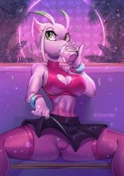 2024 blush blush bracelet breasts celebi cleavage cleavage_cutout cup drinking female female_only flashing_pussy green_eyes hana_(infinity_warrior) heart hearts_around_head legendary_pokemon legs_apart legs_spread nintendo original original_character pink_body pink_hair pink_skin pokemon pokemon_(species) pussy rezenfurd short_hair sitting sitting_down skirt skirt_lift thighhighs thighs tltechelon