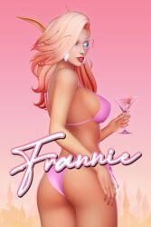 1girls 3d bikini blizzard_entertainment female female_only frannie_(thismelancholic) high_elf light-skinned_female light_skin looking_at_viewer looking_back original_character pink_hair pinup solo thismelancholic warcraft world_of_warcraft