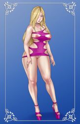 bare_arms bare_shoulders big_lips bimbo blonde_hair blue_background blue_hair blush breasts choker closed_mouth collarbone dress female full_body fullmetal_alchemist gradient gradient_background hair_over_one_eye high_heels highres jewelry large_breasts legoman lips long_hair looking_at_viewer microdress necklace nipples olivier_mira_armstrong pink_dress platform_heels pubic_hair pussy revealing_clothes shunori solo standing stiletto_heels thick_lips thick_thighs thighs toes uncensored very_high_heels